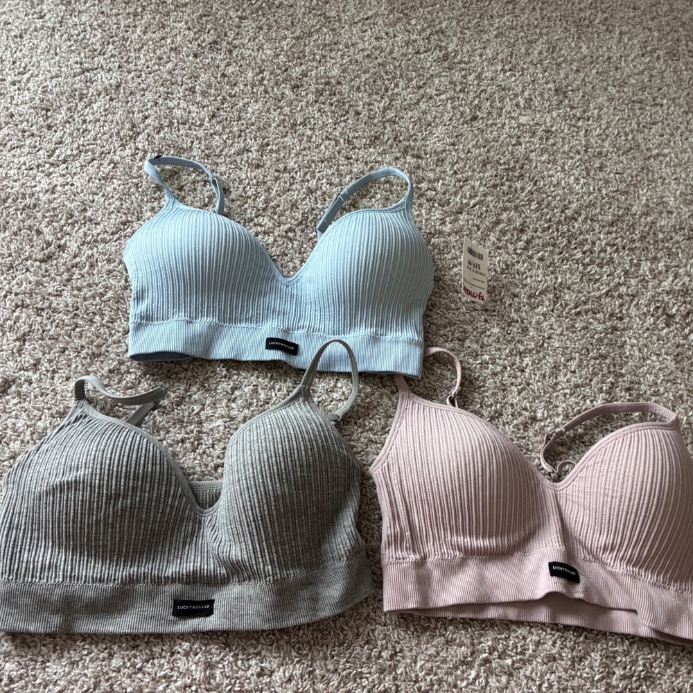 Lucky Brand Ribbed Seamless Bralette 3 Pack Blue Grey Pink Size L NEW